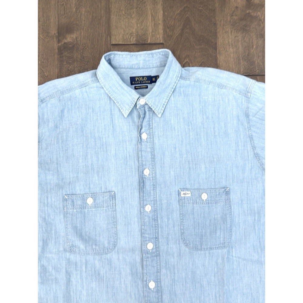 Polo Ralph Lauren Mens Blue Indigo Chambray Button Down Shirt XLT Short Sleeve